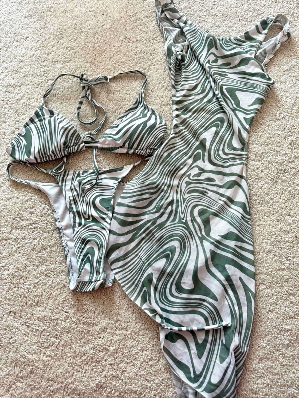 Green Swirl Print Bikini Set with Matching Cover-Up